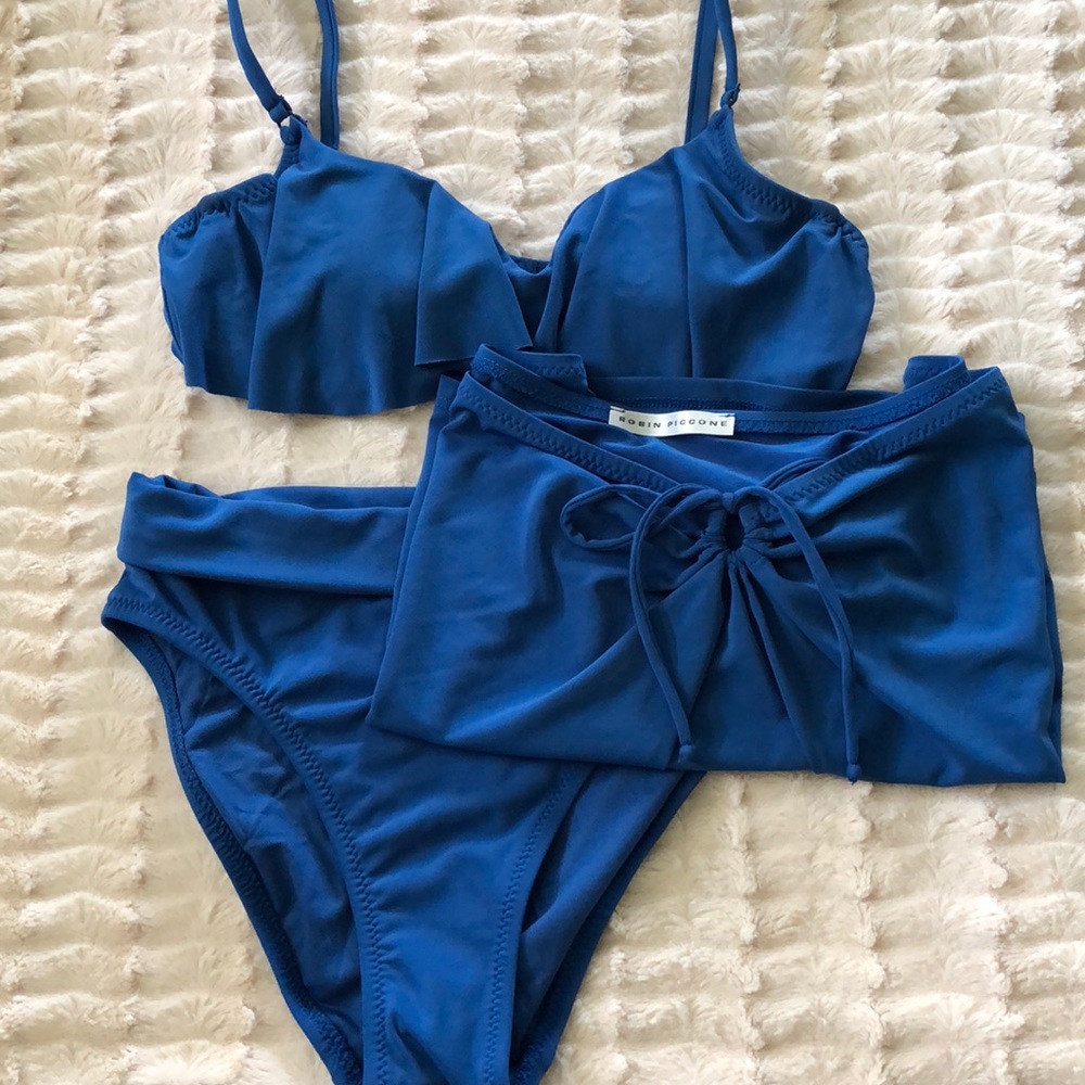 NWOT Robin Piccone 3 piece blue swimsuit and skirt